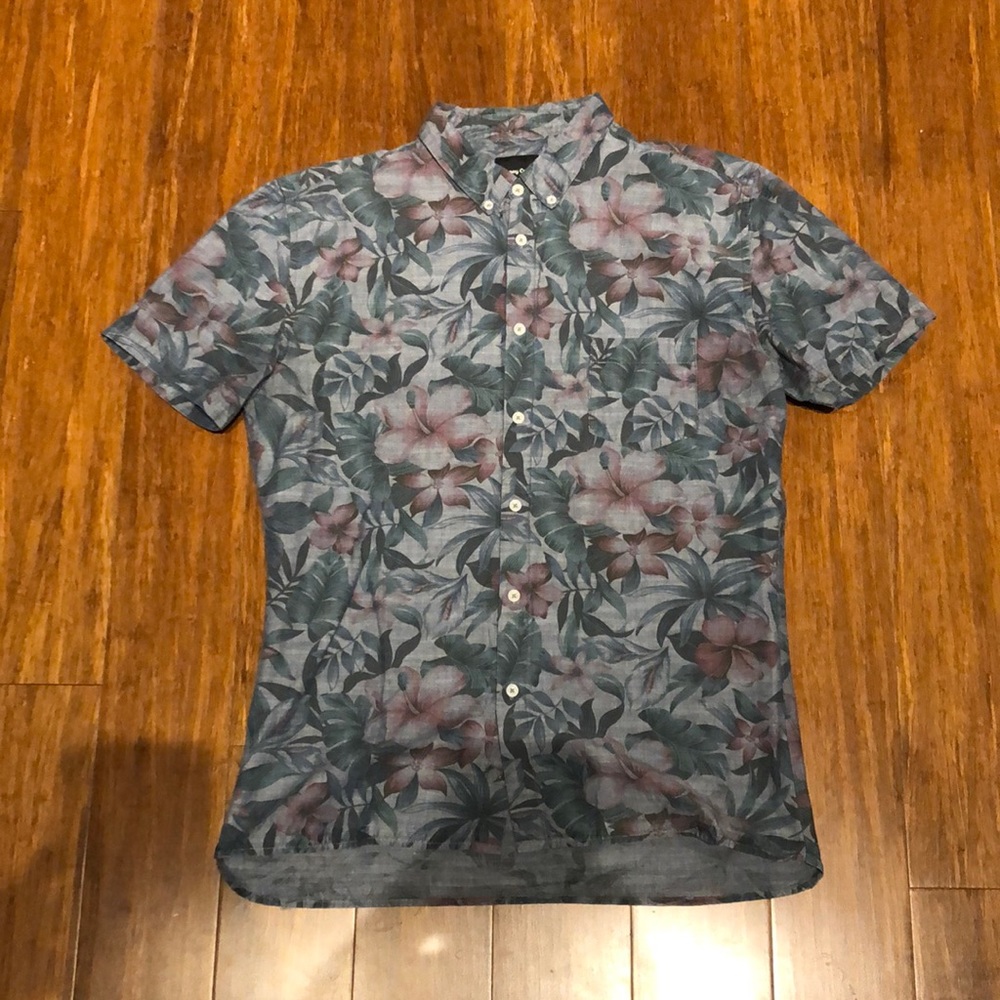 Barney Cools charcoal grey short sleeve floral print button up SZ L